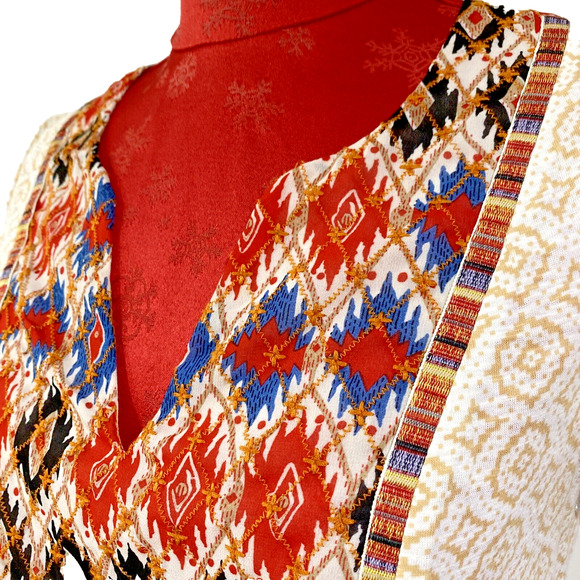 Anthropologie Akemi + Kin Top M Short Sleeve Beige Orange Embroidered Boho Chic - Picture 3 of 11